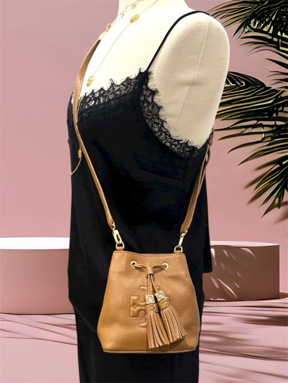 Tory Burch Cognac Pebbled Leather Tassel Drawstring Crossbody
